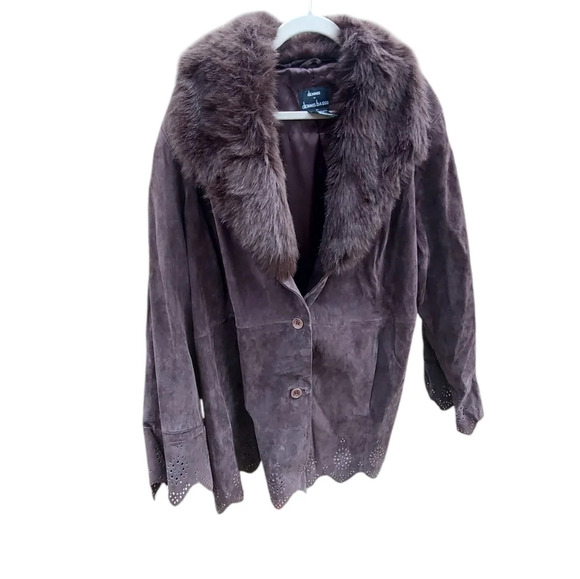 Dennis Basso Plus Size Leather Suede Laser Cut Faux Fur Collar Coat - Picture 2 of 7
